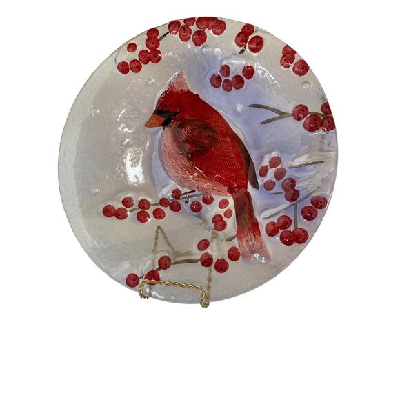 Christmas Red Cardinal & Winter Holly Berries Fused Art Decorative Bowl 13" x 2” - Picture 7 of 9